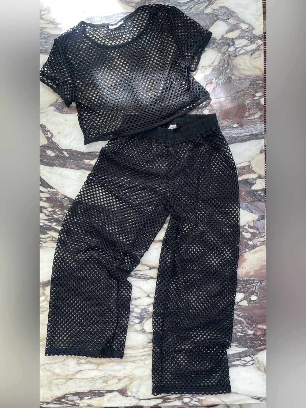 Black Mesh Crop Top & Wide-Leg Pants Set S